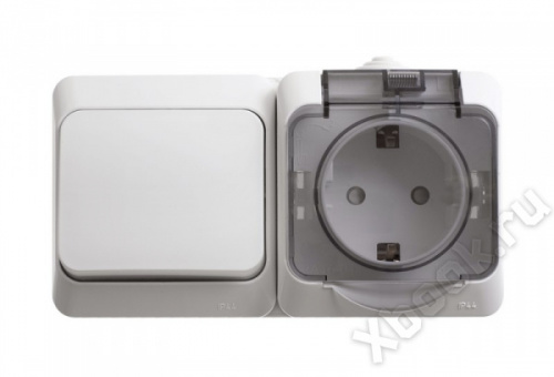 Schneider Electric Lexel Этюд Белый Блок Выключатель 1-клав + розетка с/з со шторками IP44 наружный (BPA16-241B) вид спереди