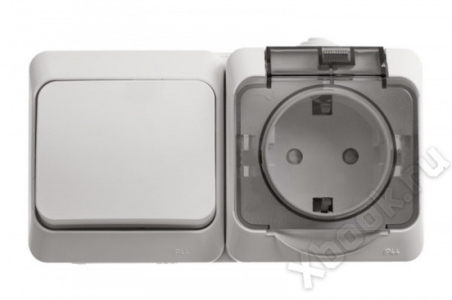 Schneider Electric Lexel Этюд Белый Блок Переключатель 1-клав + розетка с/з со шторками IP44 наружный (BPA16-246B) вид спереди