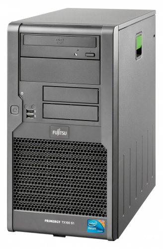 Fujitsu TX100S1/2xLFF\ Intel Xeon X3330 4C 2.66GHz 6MB\ 2GB DDR2 ECC 800\ DVD-RW supermulti 1.6" SATA\ HD SATA 3Gb/s 500GB 7.2k non hot pl 3.5"\ Cable powercord вид спереди