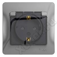 Schneider Electric Glossa Алюминий Розетка с заземлением со шторками с крышкой, IP44 (в сборе с рамкой) (GSL000348)